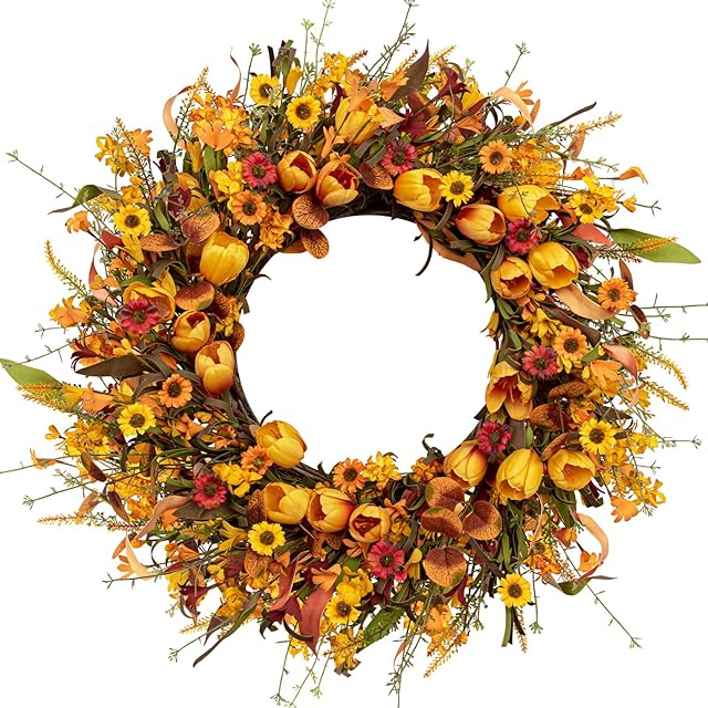22 Inch Fall Wreath Artificial Autumn Wreaths for Front Door Orange Tulip Wreath with Forsythia Daisy and Berries for Indoor Outdoor Harvest Thanksgiving Holiday Celebration