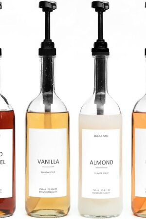 25.4 oz 750 ml Glass Coffee Syrup Dispenser for Coffee Bar - 4 Pack - Comprehensive Label Set & ¼ oz Pumps Included