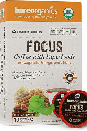 BareOrganics 13180 Focus Coffee with Superfoods, Organic Probiotic Coffee, 10 Single Serve Cups