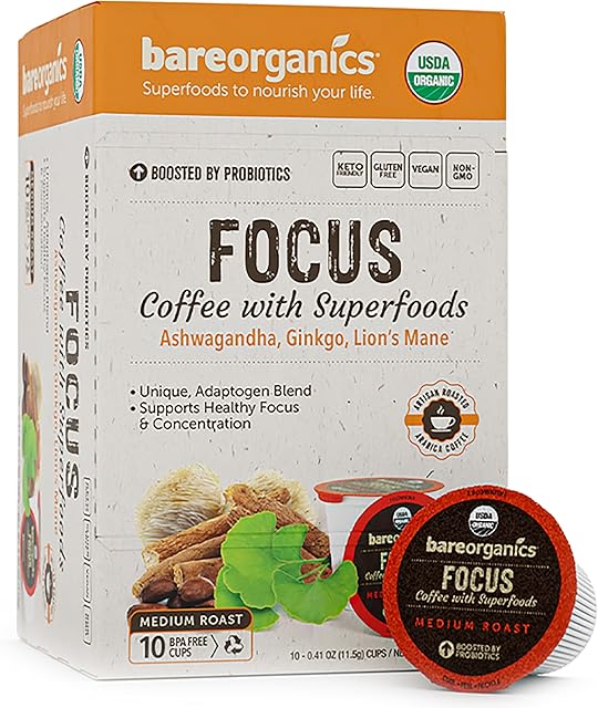 BareOrganics 13180 Focus Coffee with Superfoods, Organic Probiotic Coffee, 10 Single Serve Cups