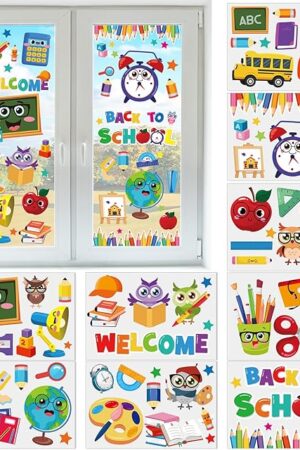 9 Sheets Back to School Window Clings Stickers First Day of School Bus Double-Sided Window Decals for Welcome Party Supplies Home Wall Glass Blackboard Decorations, 78Pcs