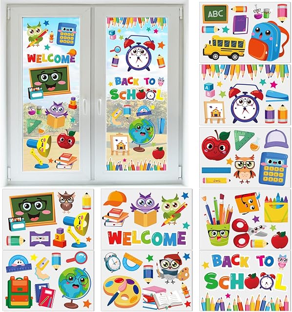 9 Sheets Back to School Window Clings Stickers First Day of School Bus Double-Sided Window Decals for Welcome Party Supplies Home Wall Glass Blackboard Decorations, 78Pcs