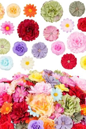 210 Pcs Mini Silk Flower Heads Small Fake Rose Daisy Faux Flowers Bulk for Crafts Artificial 3D Loose Fabric Flowers Heads Sunflower Bulk for Wedding Hair Cap Dresses Decorations (Bright Colors Mixed)