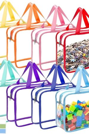 8 Packs 8 Colors Large Toy Storage Bags with Zipper and Labels, Clear PVC Waterproof Toy Organizers Bags for Board Games, Puzzles Pieces, Building Blocks, Handmade Accessories, Kid Books