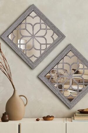Boho Square Wall Mirrors Set of 2-12" x12'Decorative Mirrors for Wall Decor, BrownHandcrafted Mirror Panels Perfect for LivingRoom Bedroom Entryway Hallway (Brown)