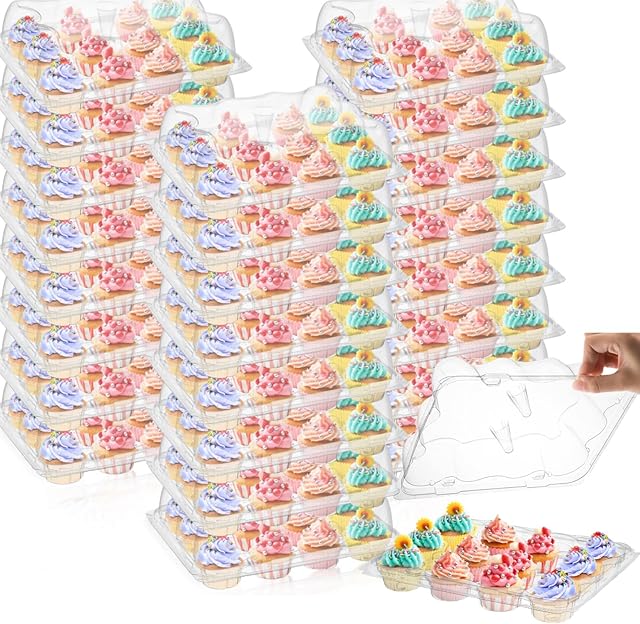 AVLA 24 Pack Mini Cupcake Containers, 12-Count Plastic Cupcake Carrier, Stackable Cupcake Box with Detachable Secure High Top Lid, Disposable Cupcake Holder Tray, Muffin Packaging Transporter To Go