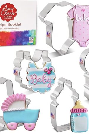 Baby Shower Cookie Cutters 5-Pc. Set Made in the USA by Ann Clark, Onesie, Bib, Rattle, Baby Bottle, Baby Carriage