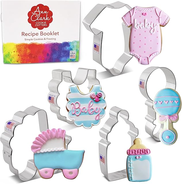 Baby Shower Cookie Cutters 5-Pc. Set Made in the USA by Ann Clark, Onesie, Bib, Rattle, Baby Bottle, Baby Carriage