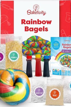 Baketivity Rainbow Bagel Kids Baking Kit - Baking Kits for Kids with Premeasured Ingredients, Step-By-Step Instructions, Video Guide, and STEM Lessons - Kids Cooking Kit for Ages 6-12+