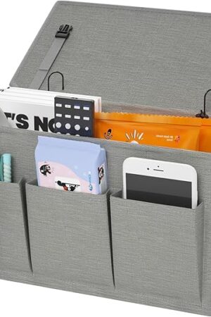 Dual-purpose Bedside Caddy Bedside Organizer, Bed Caddy with 6 Pockets, Versatile Bedside Storage Solution Magazine Remotes holder, ideal for Home, Dorm, Hospital, Crib Bed (Grey)