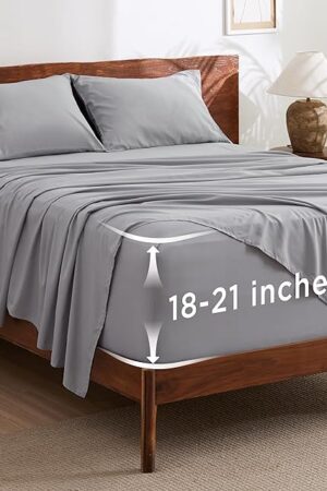 Bedsure Deep Pocket Queen Sheets Set - Fits Mattresses Up to 21 Inches Thick - 4 Piece GentleSoft Bed Sheets, Moisture Wicking, Soft & Cooling Bedsheet & Pillowcases, Easy & Secure Fit, Light Grey