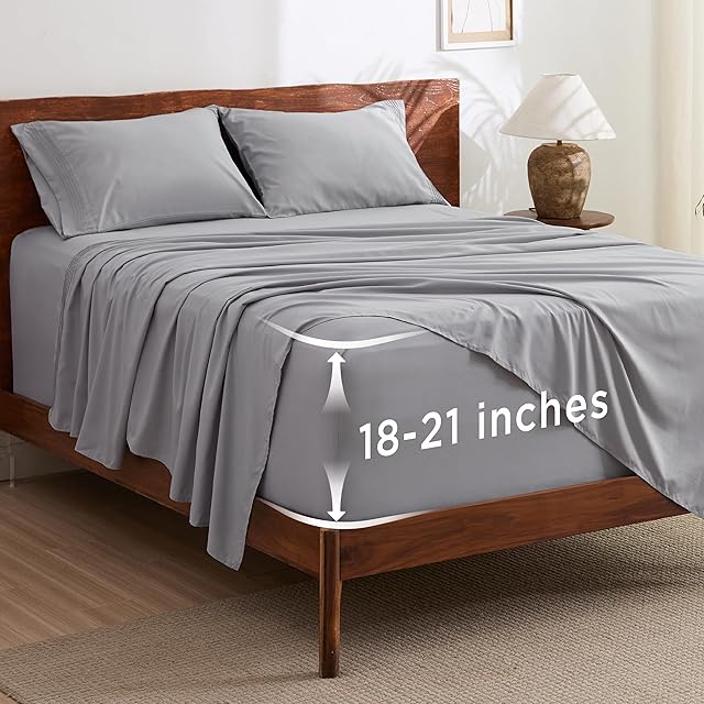 Bedsure Deep Pocket Queen Sheets Set - Fits Mattresses Up to 21 Inches Thick - 4 Piece GentleSoft Bed Sheets, Moisture Wicking, Soft & Cooling Bedsheet & Pillowcases, Easy & Secure Fit, Light Grey
