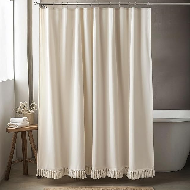 Linen Shower Curtain Boho Beige Shower Curtains for Bathroom Thick Fabric Shower Curtain with Tassels Neutral Shower Curtains Rustic Farmhouse Bath Decor 72 Inch