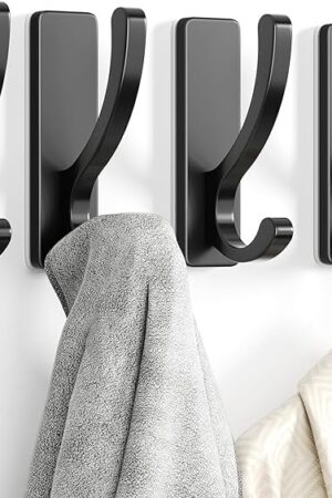 Adhesive Wall Hooks for Towels Coats - Stick On Hooks Hanging Heavy Duty (13lb), Metal Hook for Door, Bathroom, Dorm, Closet - Hanger for Purse, Bag, Robe,Backpack - No Damage to Wall - Black 4 Pack