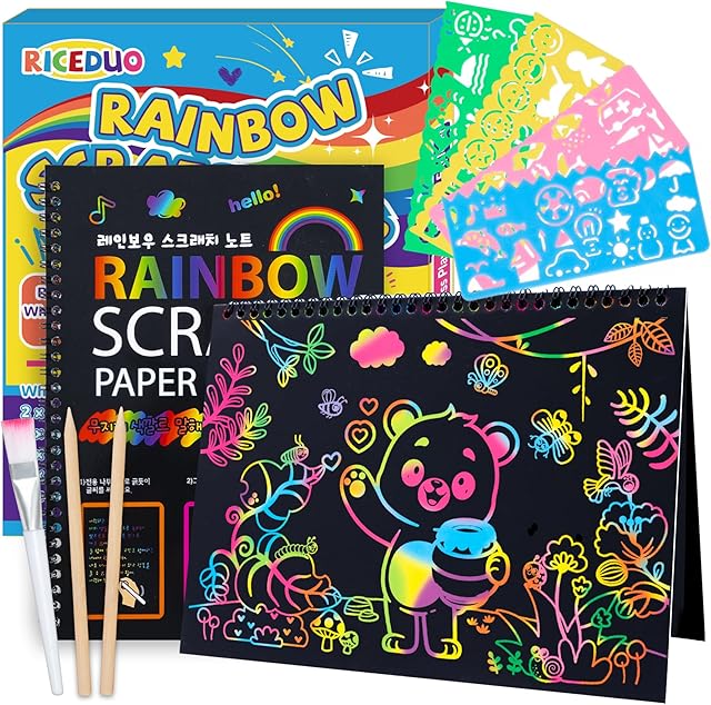 The Riceduo Scratch Art Paper Kit 2 Pack Magic Rainbow Scratch Off Art Notebook DIY Crafts for Kids Ages 3-12 Girls Boys Birthday Christmas Party Favor Games Easter Basket Stuffers DIY Activity Supplies