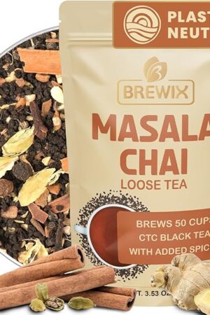 BREWIX, Masala Chai Tea Loose Leaf CTC TEA (50+ Cups, 3.53oz/100g) Strong Robust & Aromatic, All Natural | Blended with Exotic Spices | Ginger, Cinnamon, Cardamom, Clove & Black Pepper
