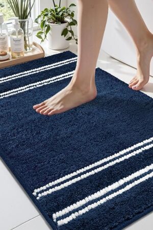 Bathroom Rugs 17x24 Extra Soft Absorbent Bath Mat Chenille Non Slip Shower Mat Rubber Backing Machine Washable Bath Mats for Bathroom Shaggy Blue Bath Rugs for Tub, Hallway