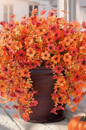 Artificial Fall Flowers for Outdoors, 2PCS Silk Fake Flowers Realistic Daisy Mums UV Resistant Porch Patio Window Yard Decor (Fall Orange)