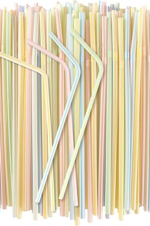 150PCS Disposable Plastic Drinking Straws - Flexible Straws Disposable Long Colorful PP Plastic Striped Assorted Colors for Home Use Milk Juice Drinks