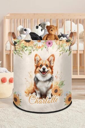 Custom Laundry Basket with Name Personalized Laundry Hamper with Handles for Bathroom Bedroom Collapsible Customized Circular Dirty Clothes Storage Basket for Girls Boys Adults Corgi Dog