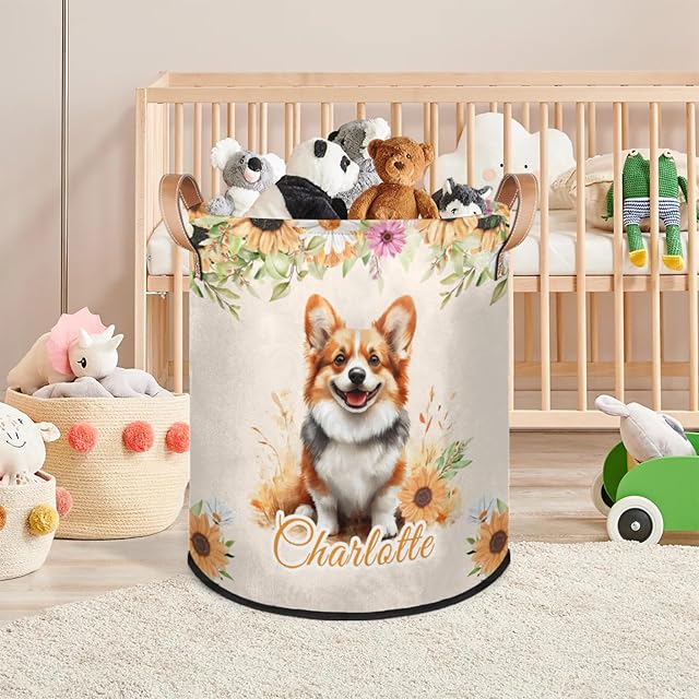 Custom Laundry Basket with Name Personalized Laundry Hamper with Handles for Bathroom Bedroom Collapsible Customized Circular Dirty Clothes Storage Basket for Girls Boys Adults Corgi Dog