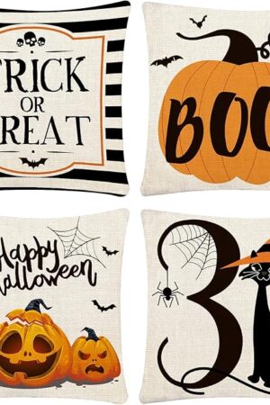 CH HAICHENG Halloween Pillow Covers 18x18 Set of 4 Trick or Treat Pillow Covers Happy Halloween Linen Sofa Bed Throw Cushion Cover Decoration
