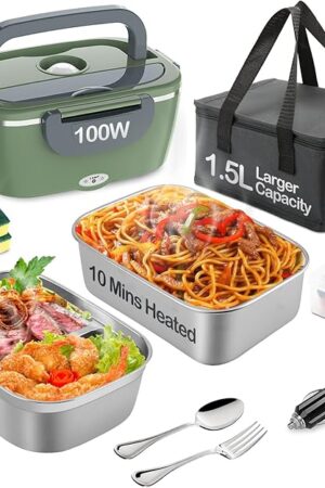 Electric Heated Lunch Box for Adults (100W) with 2 Stainless Steel Containers, 1.5-Liter Capacity, Portable Fast Lunch Heater for Car, Truck, and Office Use (12V/24V/110V) lonchera eléctrica portátil