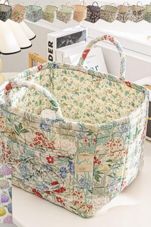 Boho Fabric Storage Basket, Boho Floral Laundry Baskets, Collapsible Bohemian Style Puffer Quilted Tote, Large Capacity Spring Vintage Storage Bag Organizer with Handle & Front Pocket (Flowers L#)