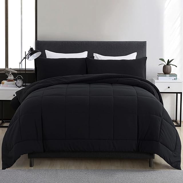 DOWNCOOL Queen Comforter Set -All Season Queen Bed Set with 2 Pillow Cases-3 Pieces Bedding Sets Queen -Down Alternative Black Comforters Queen Size(88"x90")
