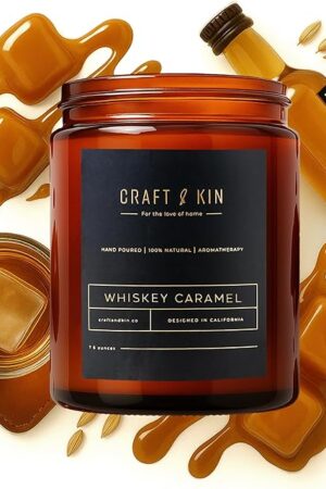 Craft & Kin Scented Candles for Men | Premium Whiskey Caramel Candle | All-Natural Scent for Home | Long Lasting with 45 Hour Burn Time, 8oz