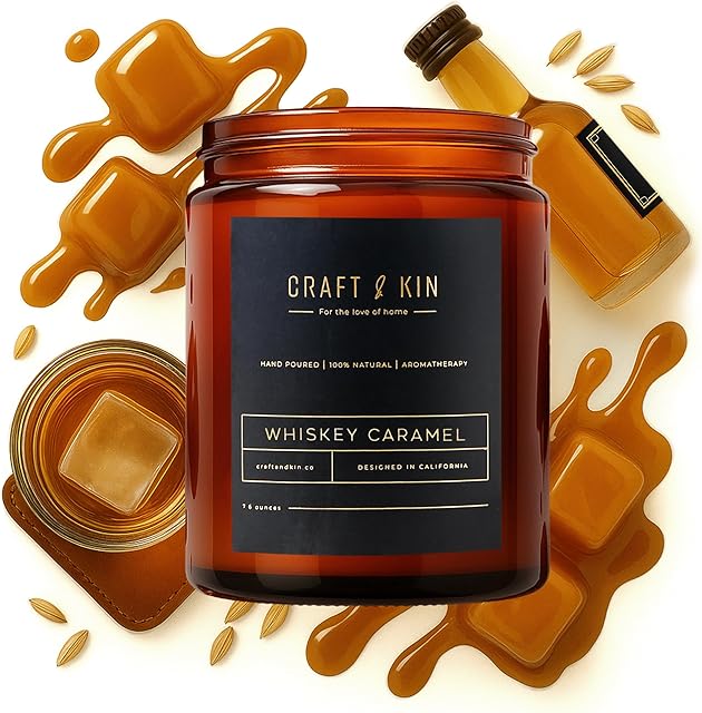 Craft & Kin Scented Candles for Men | Premium Whiskey Caramel Candle | All-Natural Scent for Home | Long Lasting with 45 Hour Burn Time, 8oz