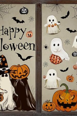 Whaline 6 Sheets Halloween Window Clings Vintage Ghost Evil Pumpkin Bat Reusable Window Decals for Halloween Fall Party Supplies Home Glass Decor