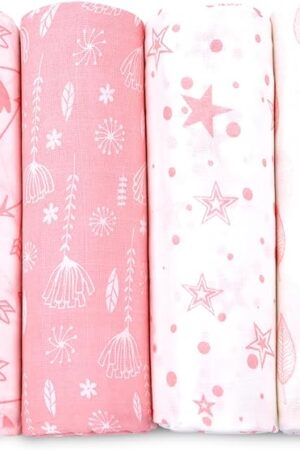 Bublo Baby Muslin Swaddle Blankets, Swaddle Blanket for Baby Boys and Girls, 4-Pack Breathable Premium 100% Cotton Baby Receiving Blankets, Exta Large Size 47x47 Inches, Pink