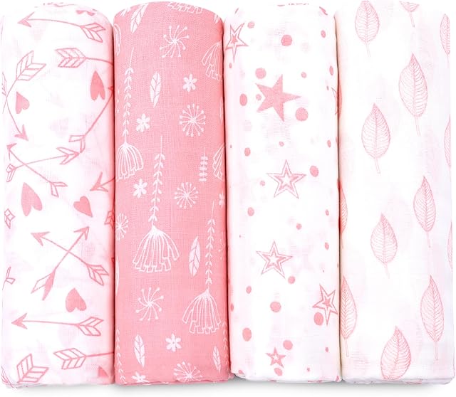 Bublo Baby Muslin Swaddle Blankets, Swaddle Blanket for Baby Boys and Girls, 4-Pack Breathable Premium 100% Cotton Baby Receiving Blankets, Exta Large Size 47x47 Inches, Pink