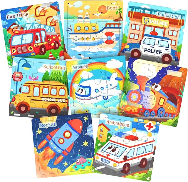 The Wooden Puzzles for Toddlers, 8 Pack Vehicle Jigsaw Puzzles for Kids3-5, 9 Pieces Preschool Learning Activities, Learning & Educational Toys, Gift for Boys, Girls