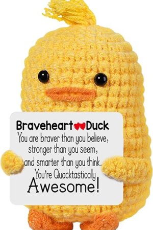The RoomyRoc Inspirational Crochet Duck, Positive Affirmation Duck Toy for Anxiety & Stress Relief, Handmade Mental Health Gifts for Women Men, Cute Home Office Desk Decor for Adults Teens