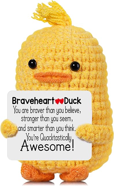The RoomyRoc Inspirational Crochet Duck, Positive Affirmation Duck Toy for Anxiety & Stress Relief, Handmade Mental Health Gifts for Women Men, Cute Home Office Desk Decor for Adults Teens