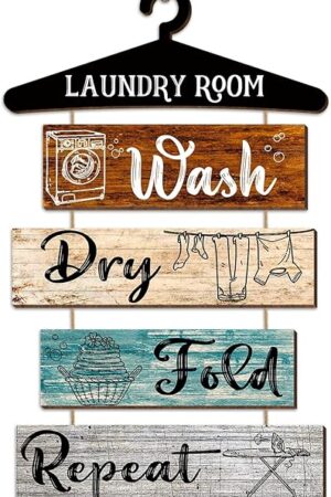 Blulu 5 Pieces Laundry Room Decor Rustic Vintage Farmhouse Room Rules Hanging Sign Wooden Wash Dry Fold Repeat Laundry Accessories for Bathroom,Home 19.7 x 11 Inch(Multicolored Backing)