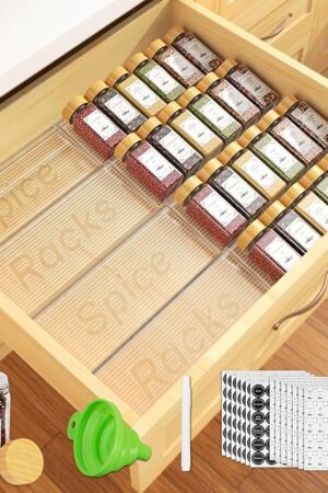 24 Spice Jars with Spice Drawer Organizer, 355 Spice Labels, 4 Pack Expandable From 11'' to 21'' Acrylic Spice Rack for Drawer, Seasoning Containers Storage Organization for Kitchen Cabinet Countertop