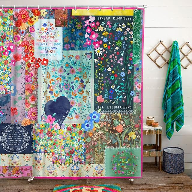 Boho Floral Shower Curtain for Bathroom,Bohemian Colorful Flower Spring Summer Wildflower Shower Curtain with Hooks,Polyester Fabric Shower Curtains Machine Washable Waterproof Bath Decor 72"Lx72"W