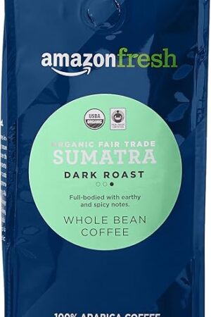 Amazon Fresh Organic Fair Trade Sumatra Whole Bean Coffee, Dark Roast, 12 Ounce