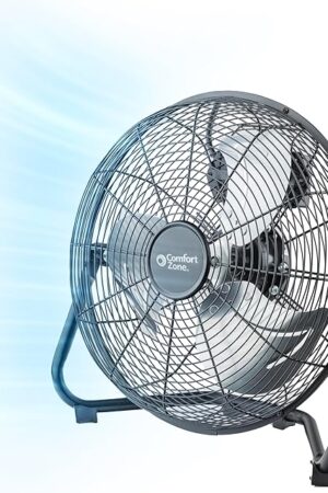 Comfort Zone 12 inch Cradle Fan, 3 Speed Floor or Table Fan with180 Degree Tilt, Metal Construction and Aluminum Blades, Carry Handle, Rubber Feet, Ideal for Bedroom, Workshop, or Garage, Black