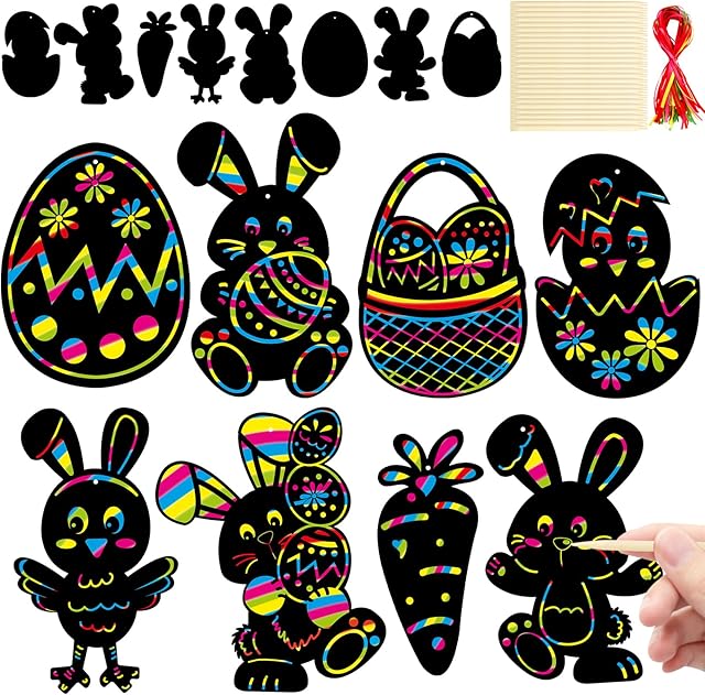 The Fancy Land Easter Scratch Paper Art for Kids Easter Egg Bunny Rainbow Scratch Crafts for Holiday Party Favors School Classroom Activities 48Pcs