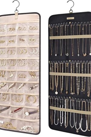 BAGSMART Hanging Jewelry Organizer Storage Roll with Hanger Metal Hooks Double-Sided Jewelry Holder for Earrings, Necklaces, Rings on Closet, Wall, Door, 1 piece, Large, Black