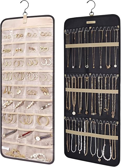 BAGSMART Hanging Jewelry Organizer Storage Roll with Hanger Metal Hooks Double-Sided Jewelry Holder for Earrings, Necklaces, Rings on Closet, Wall, Door, 1 piece, Large, Black