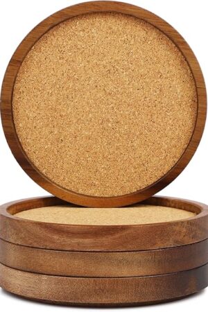 Wooden Drink Coasters Set of 4, Stackable Cup Coaster for Table, 4.2 inch Absorbent Cork Coasters Set for Tabletop Protection, Rustic Glass Coaster for Coffee, Home Decor.