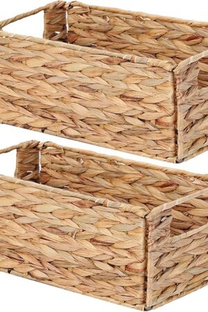 Vagusicc Wicker Storage Basket, Set of 2 Hand-Woven Storage Baskets for Organizing, Small Wicker Basket for Toilet Paper, Foldable Cube Organizer Bins for Shelves and Bathroom (Water Hyacinth)