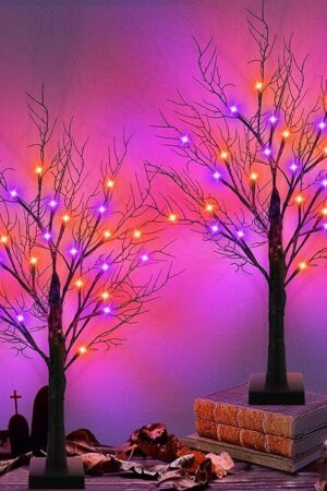 [Timer] 2 Pack Halloween Decorations Indoor, 24 Inch Halloween Tree with 24 Orange & Purple Lights, USB & Battery Operated Black Spooky Tree Halloween Table Decorations Indoor Home Party Decor Room