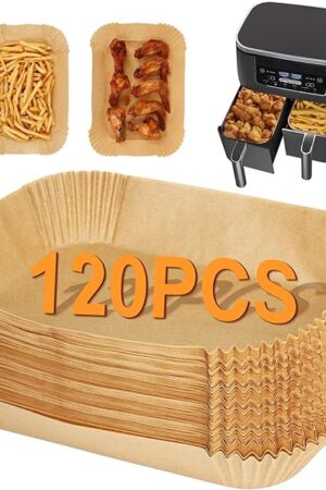 BYKITCHEN Air Fryer Liners for Ninja Dual Air Fryer, Set of 120, Rectangle Disposable Air Fryer Liners Compatible with Ninja DZ201/DZ401/DZ550/SL401, Instant Vortex and Other DualZone Airfryer
