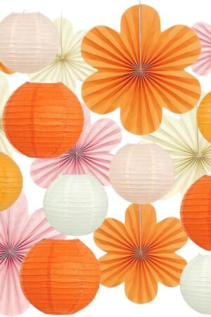 18 Pcs Autumn Pink and Orange Party Decorations Set, Hanging Paper Lanterns Paper Flowers Fans for Girls Women Wall Baby Shower One Sweet Peach Birthday Thanksgiving Bachelorette Sunset Party Decor